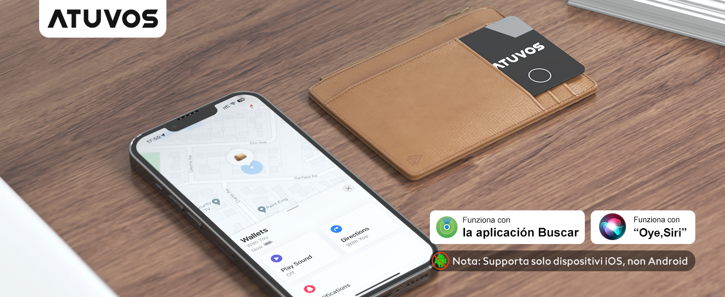 Smartphone que muestra una aplicación de mapas junto a una billetera de cuero marrón sobre una superficie de madera. Logotipo de Atuvos visible.