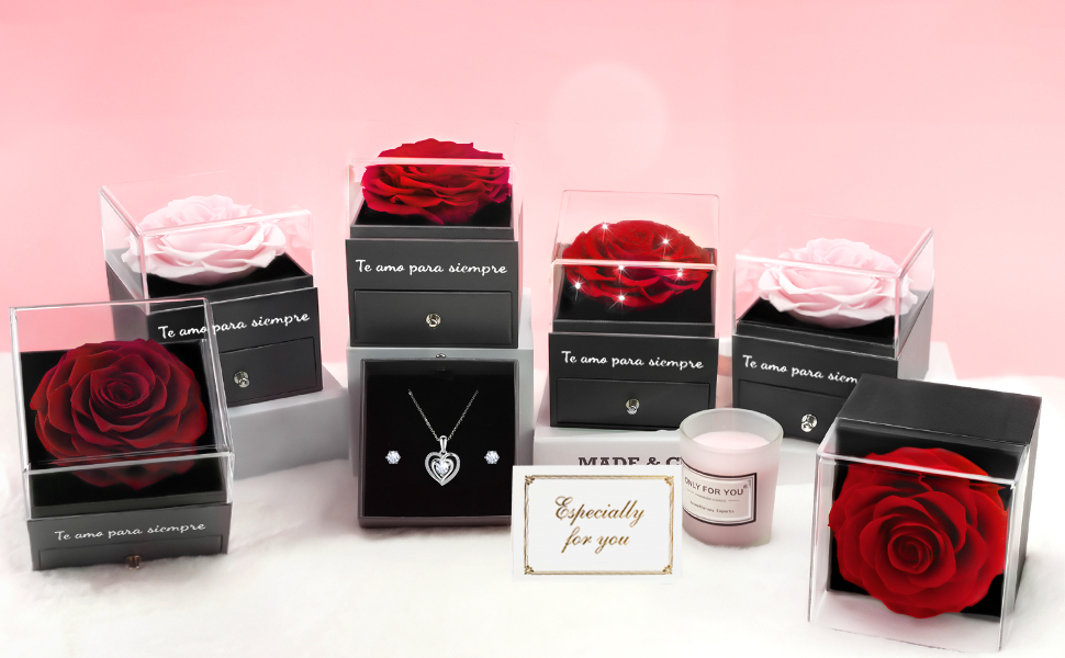 Rosa Real Eterna,Rosa Eterna Flores Preservadas con Collar y pendientes de Corazón Plata de Ley 925