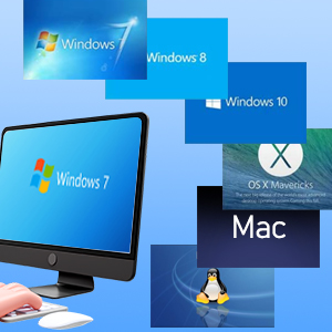 Collage de logotipos de sistemas operativos, incluidos Windows 7, 8, 10 y Mac, con una computadora de escritorio que muestra la interfaz de Windows 7.