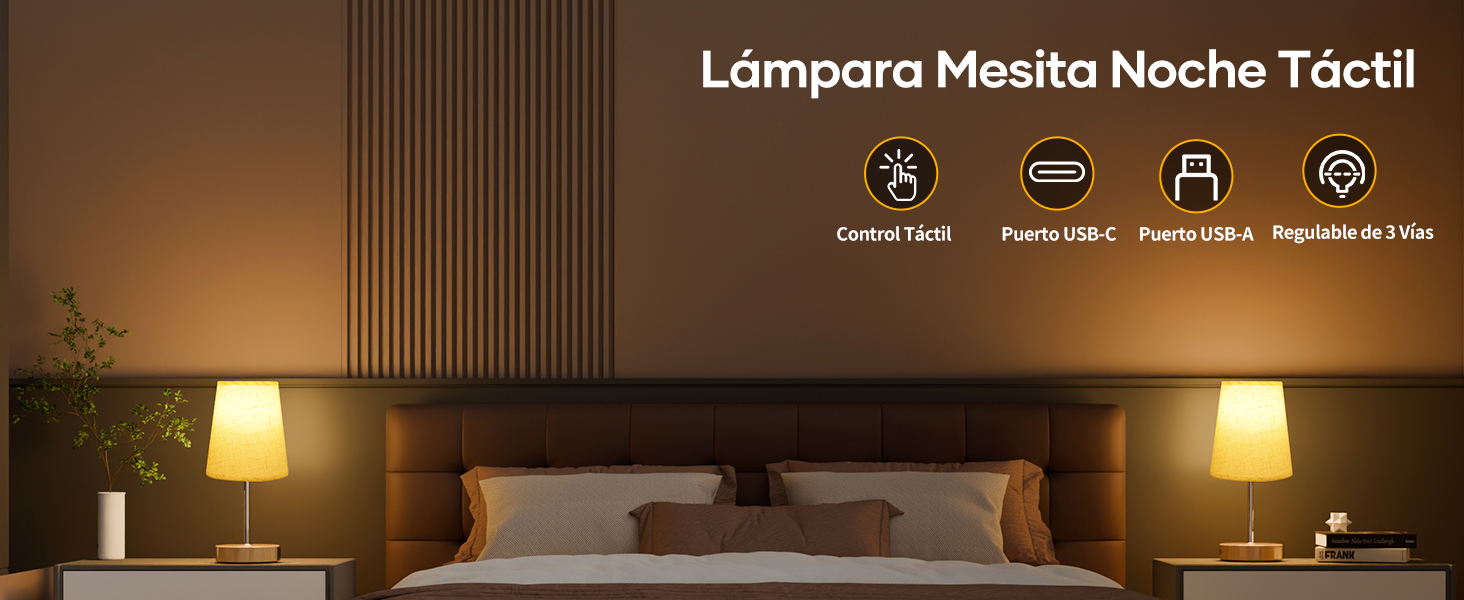 El texto dice «Lámpara Mesita Noche Táctico». Escena de dormitorio con iluminación cálida que muestra lámparas de mesita de noche que crean una iluminación ambiental contra una pared texturizada.