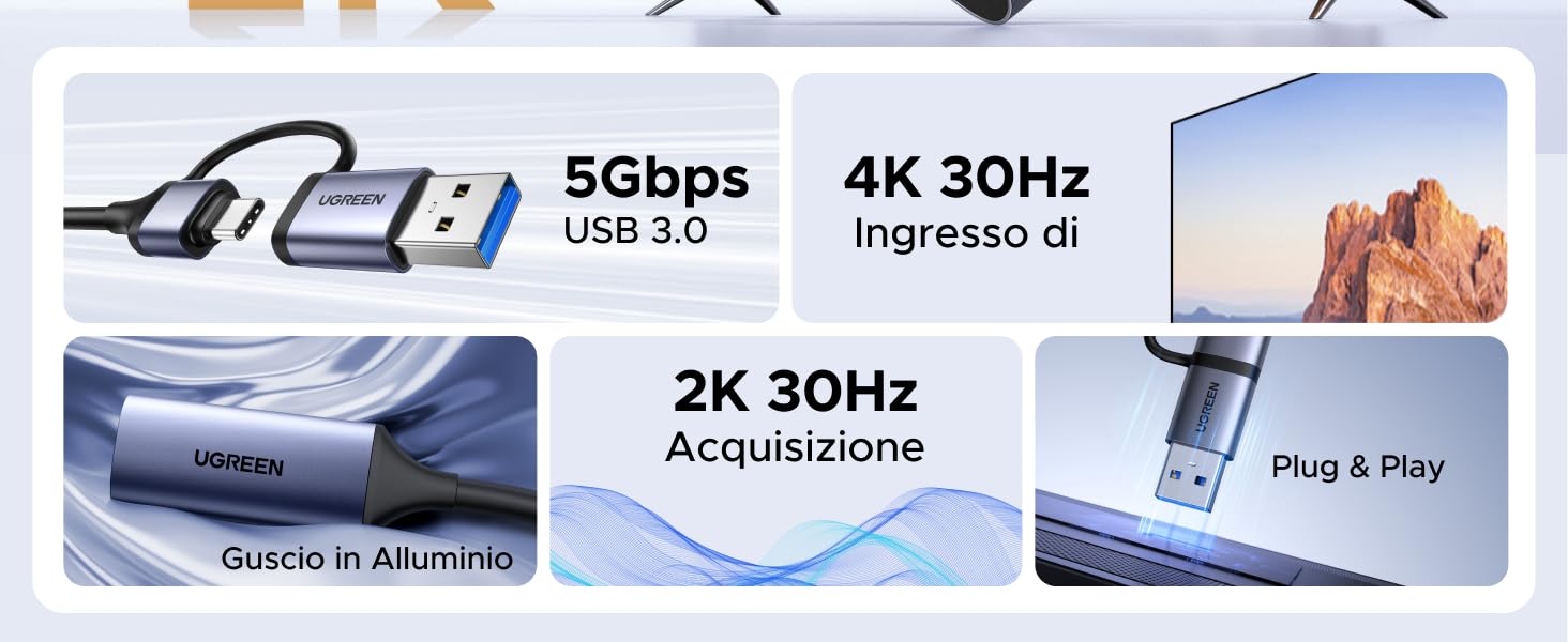 con funciones: «USB 3.0 de 5 Gbps», «4K 30Hz Ingresso di», «2K 30Hz Acquisizione», carcasa de aluminio y funcionalidad «Plug & Play». Muestra el conector USB y el puerto HDMI.