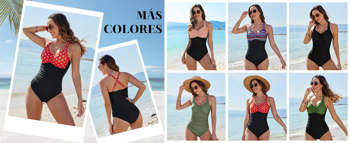 Bañador Mujer Reductores Push Up Traje de Baño de Una Pieza Cintura Alta Ropa de Baño