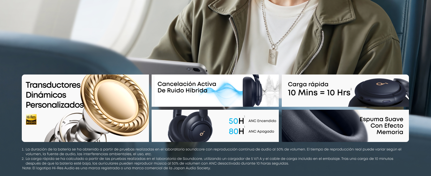 Panel de especificaciones del producto que muestra las características de los auriculares, incluida la cancelación de ruido, la respuesta de frecuencia y los detalles del acolchado de espuma viscoelástica.