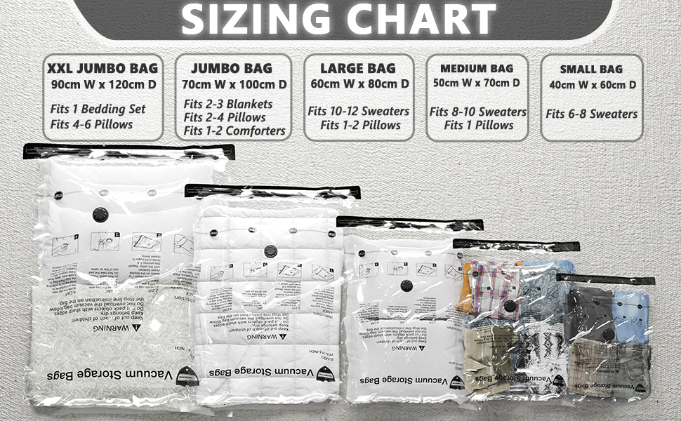 Tabla de tallas de productos que muestra diferentes tamaños de bolsas, desde XXL Jumbo hasta Small, con especificaciones de medición parcialmente visibles