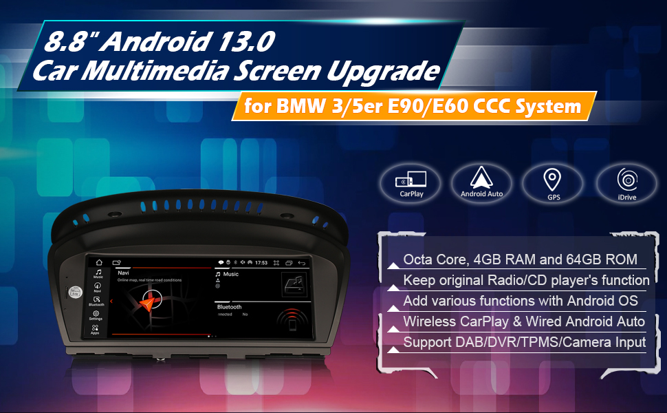 Android 13 Estéreo Navegación GPS de Automóvil para BMW E90 E91 E92 E93 Serie 5 E60 E61 6er E63 E64