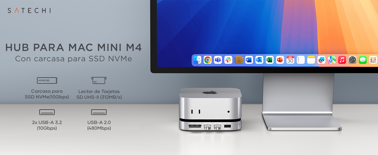 Hub USB-C con soporte SSD y puertos USB-A en uso con Mac Mini M4 en entorno de trabajo moderno