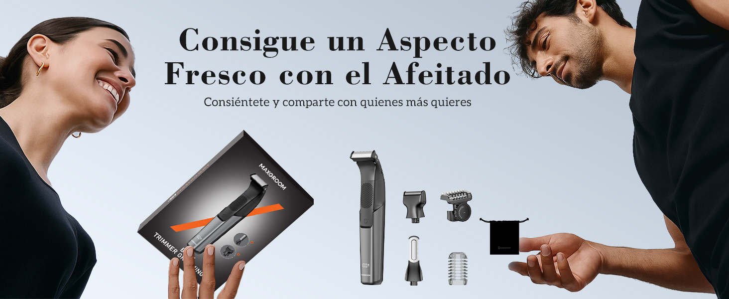 Demostración del producto que muestra las herramientas para el cuidado del cabello y el proceso de peinado. Encabezado de texto en español visible en la parte superior.