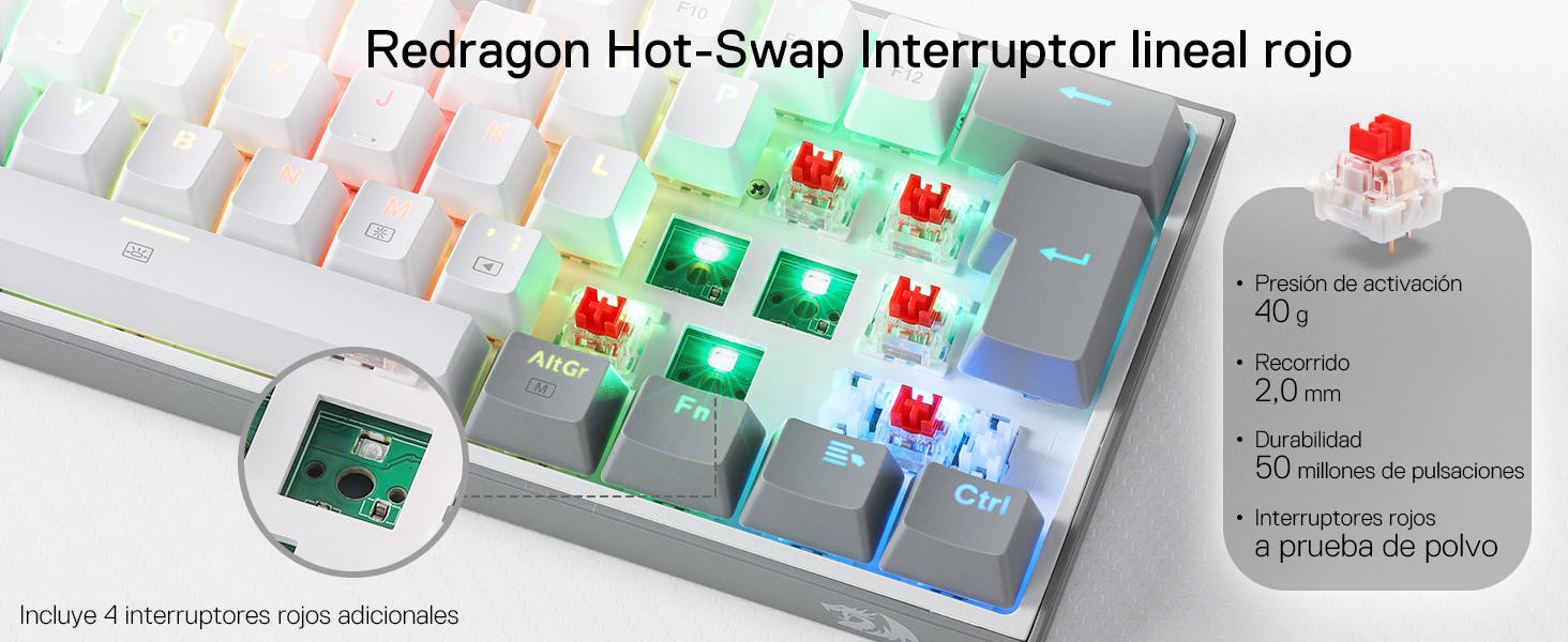 El texto dice «Redragon Hot-Swap Interruptor lineal rojo». Diagrama técnico que muestra los componentes de la placa de circuito y las partes del interruptor mecánico de un interruptor de teclado.