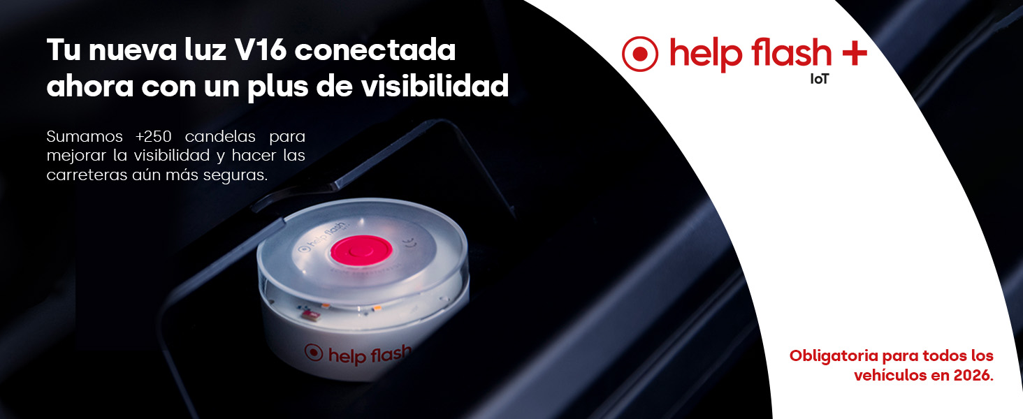 El texto dice «Tu nueva luz V14 conectado ahora con un plus de visibilidad help flash +». Serie de imágenes que muestran una tela o prenda estampada azul doblada desde diferentes ángulos.