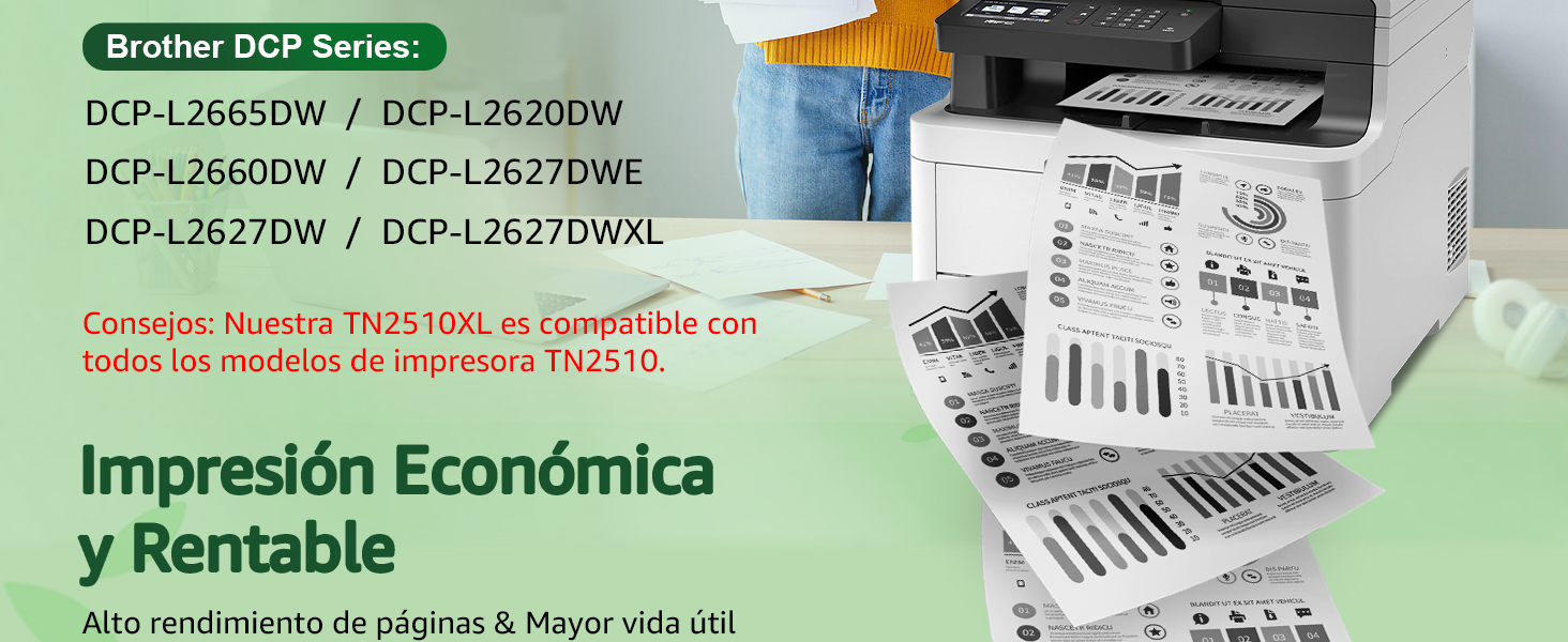 de la serie de impresoras Brother que muestra un modelo de impresora láser blanca. Ofrece una impresión económica, un alto rendimiento de página y una mayor vida útil. Documentos impresos visibles en primer plano.