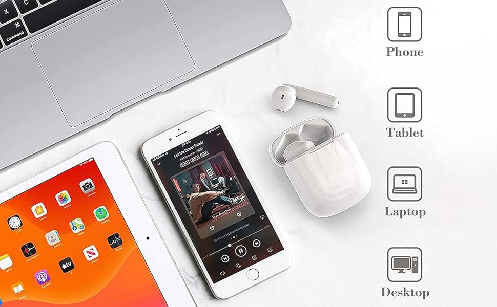 Pantalla de compatibilidad de dispositivos que muestra íconos para teléfonos, tabletas, computadoras portátiles y computadoras de escritorio con dispositivos electrónicos y accesorios dispuestos en la superficie.