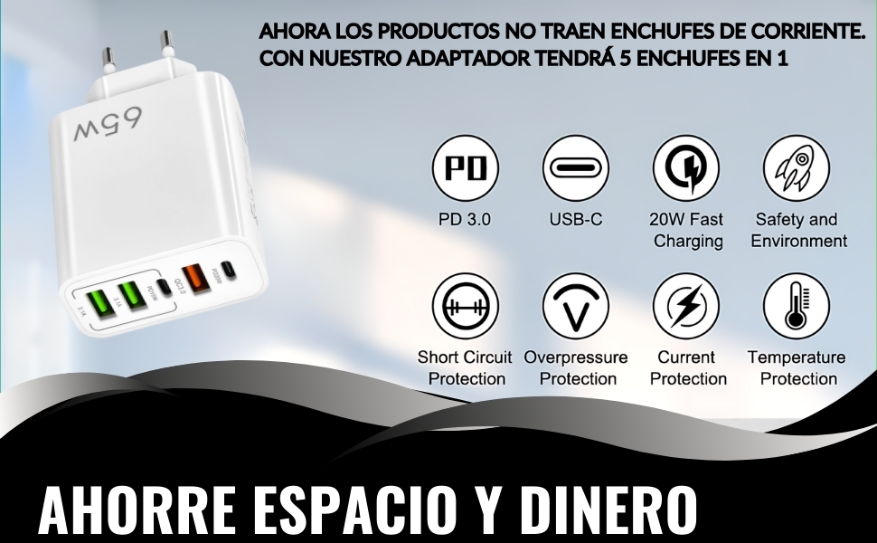 Cargador USB C Carga Rápida, Cargador USB Múltiple 5 Puertos, Enchufe Multiple USB C, Adaptador USB