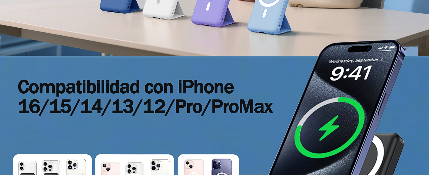 La pantalla de carga del iPhone muestra el indicador de batería a las 9:41, con texto que indica la compatibilidad con los modelos iPhone 15/14/13/12/Pro/Promax.