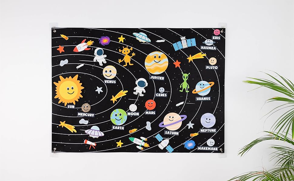 Juego del sistema solar con planetas, sol, luna, cohetes, estrellas