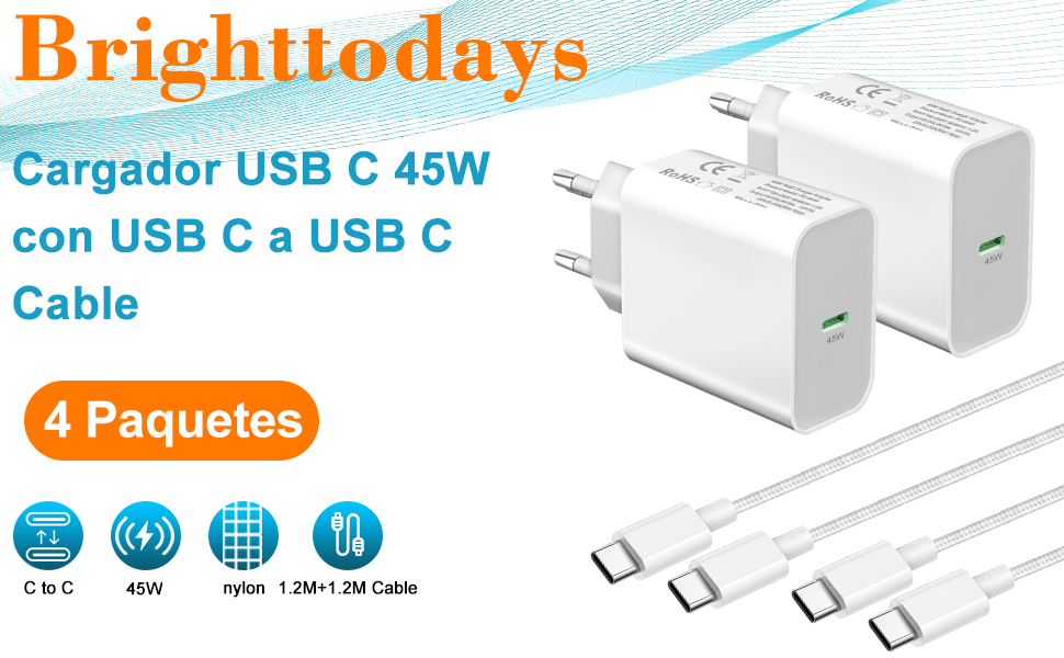 Cargador USB C 45W con 1.2m USB C a USB C Cable