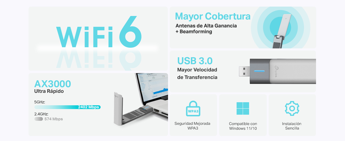Archer TX50UH - Nuevo Adaptador Wi-Fi 6 USB AX3000 con USB 3.0