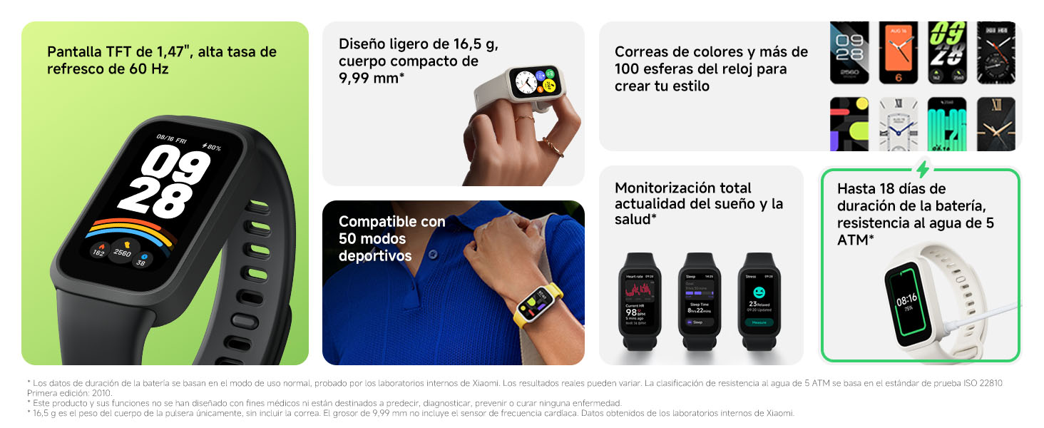 El texto dice «Seguimiento de la frecuencia cardíaca: seguimiento de la frecuencia cardíaca las 24 horas del día». Anuncio del producto que muestra la interfaz de un reloj inteligente con funciones de monitorización de la frecuencia cardíaca y ejemplos de uso.