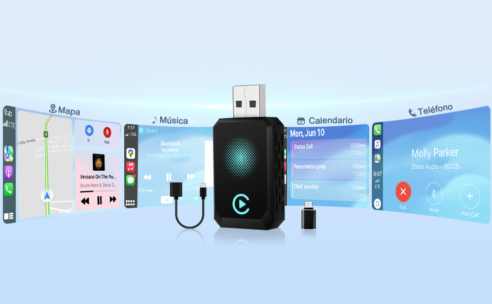Dispositivo USB con pantallas que muestran varias interfaces de aplicaciones. Incluye un pequeño adaptador y un cable de conexión. Posiblemente un hogar inteligente o un centro de control de IoT.