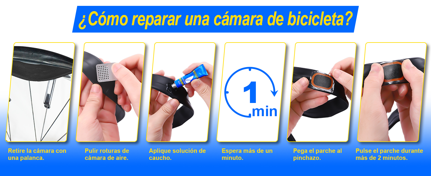 Guía de instrucciones paso a paso que muestra seis paneles que muestran el proceso de reparación de neumáticos de bicicleta, con texto en español e indicador de tiempo de 1 minuto