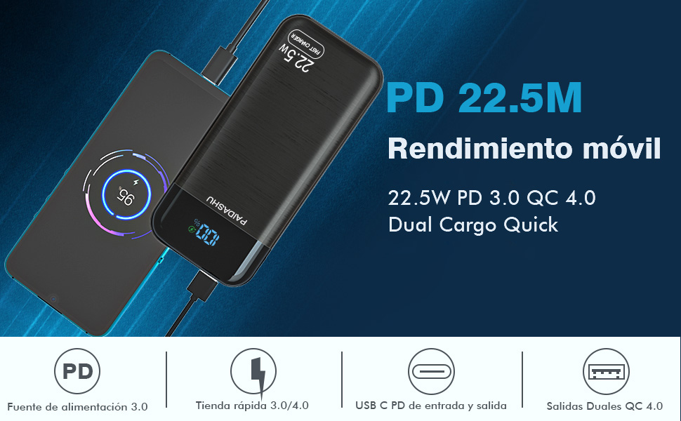 con capacidad de carga móvil PD de 22,5 M, con QC 4.0 y doble función de carga rápida. Imagen de marketing técnico azul