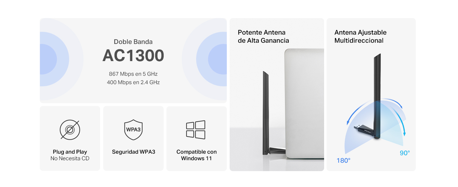 Mercusys MA30H - Adaptador USB de Doble Banda AC1300 con Antena de Alta Ganancia Ajustable