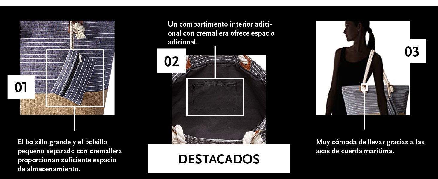 cremallera extra cuerda compartimento interior asas de transporte comodidad espacio almacenamiento