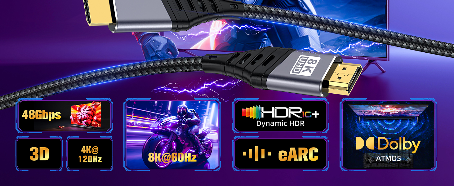 Cable HDMI 3Metro, 8K Cable HDMI 2.1 48Gbps Trenzado Alta Velocidad 8K@60Hz
