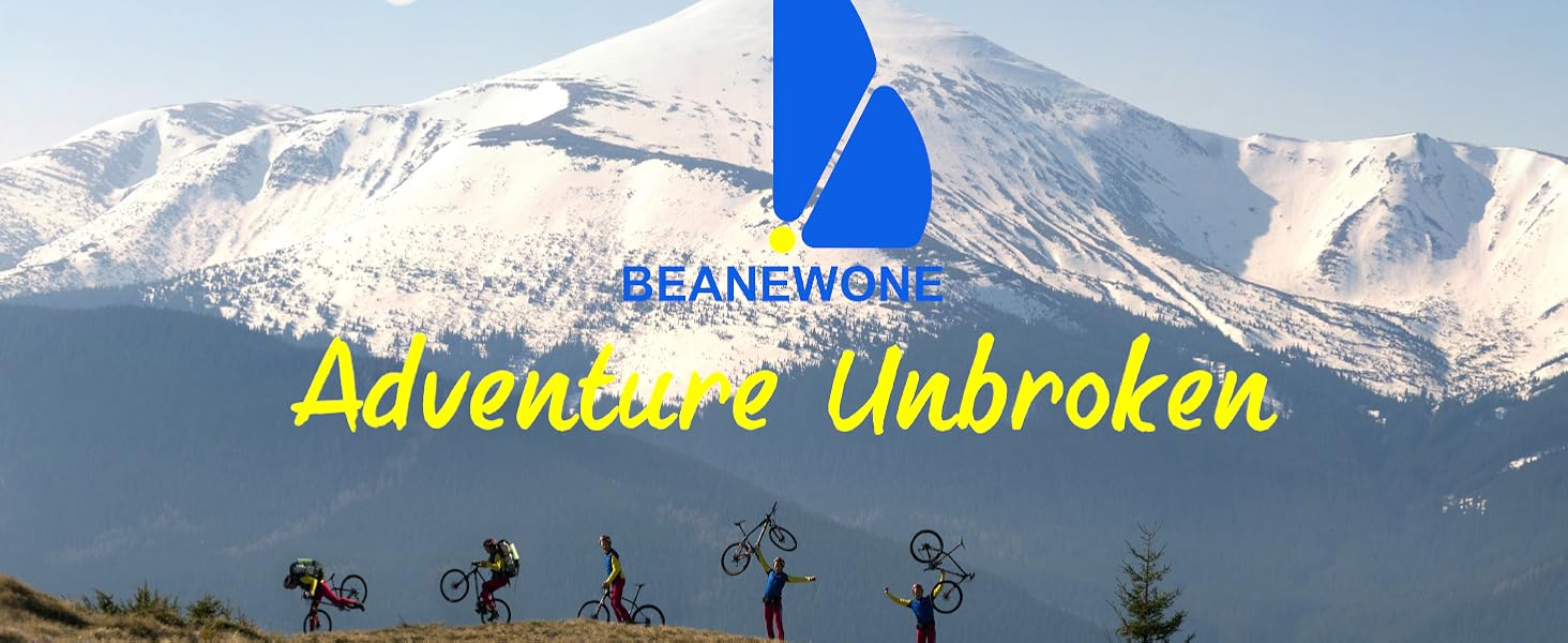 de ciclismo de montaña con siluetas de ciclistas sobre un telón de fondo montañoso cubierto de nieve. La superposición de texto dice «Adventure