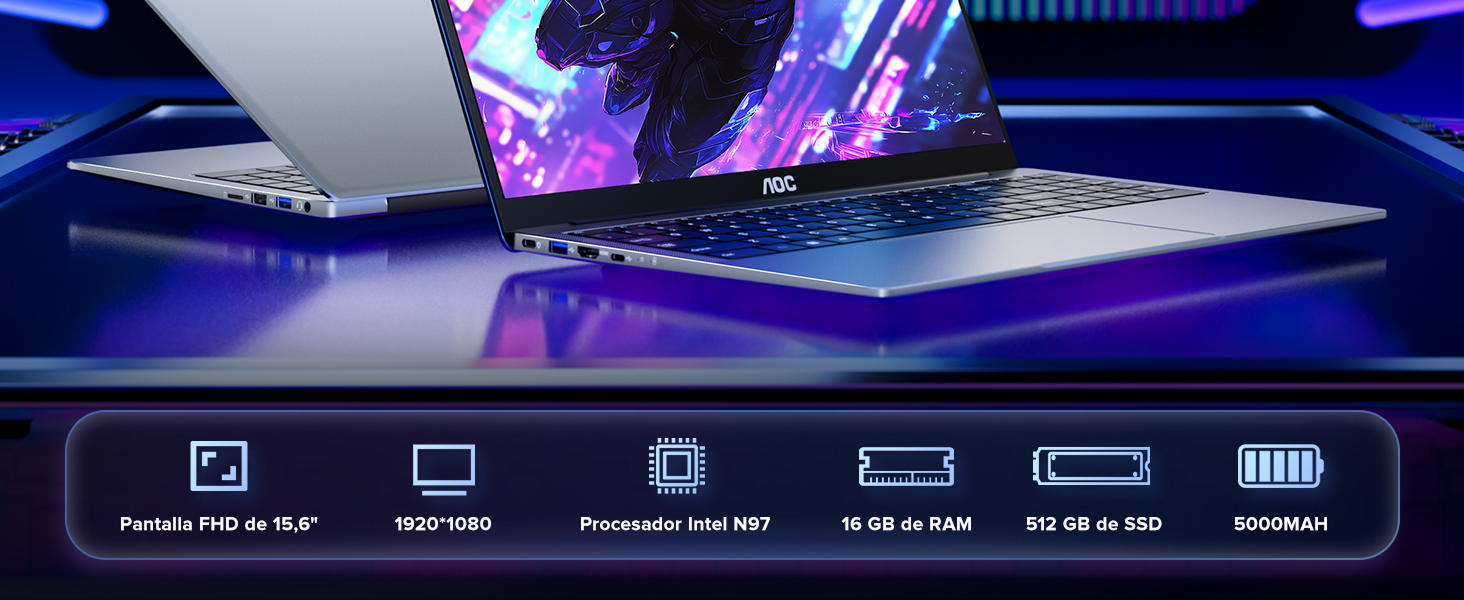 una computadora portátil con una pantalla azul y morada