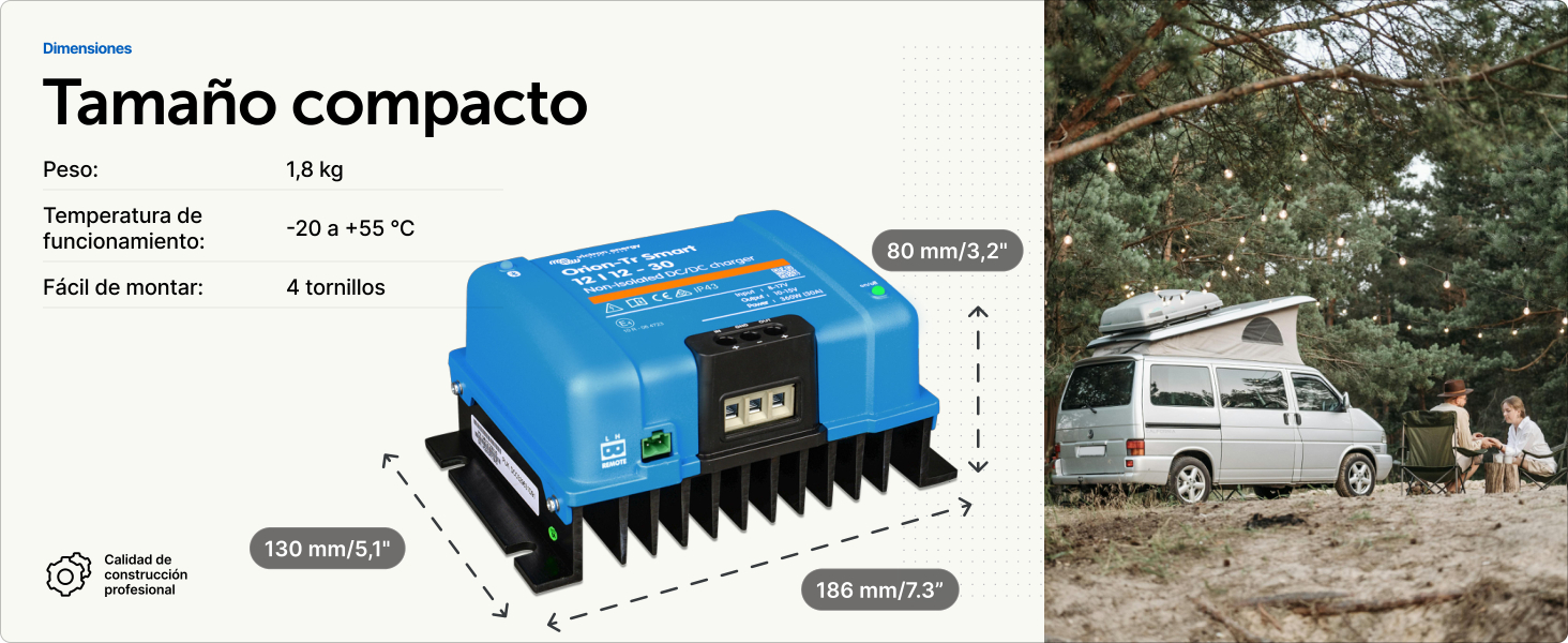 El texto dice «Tamaño compacto». Diagrama de especificaciones del producto que muestra las dimensiones de un dispositivo azul, junto con la imagen del vehículo en un entorno exterior.