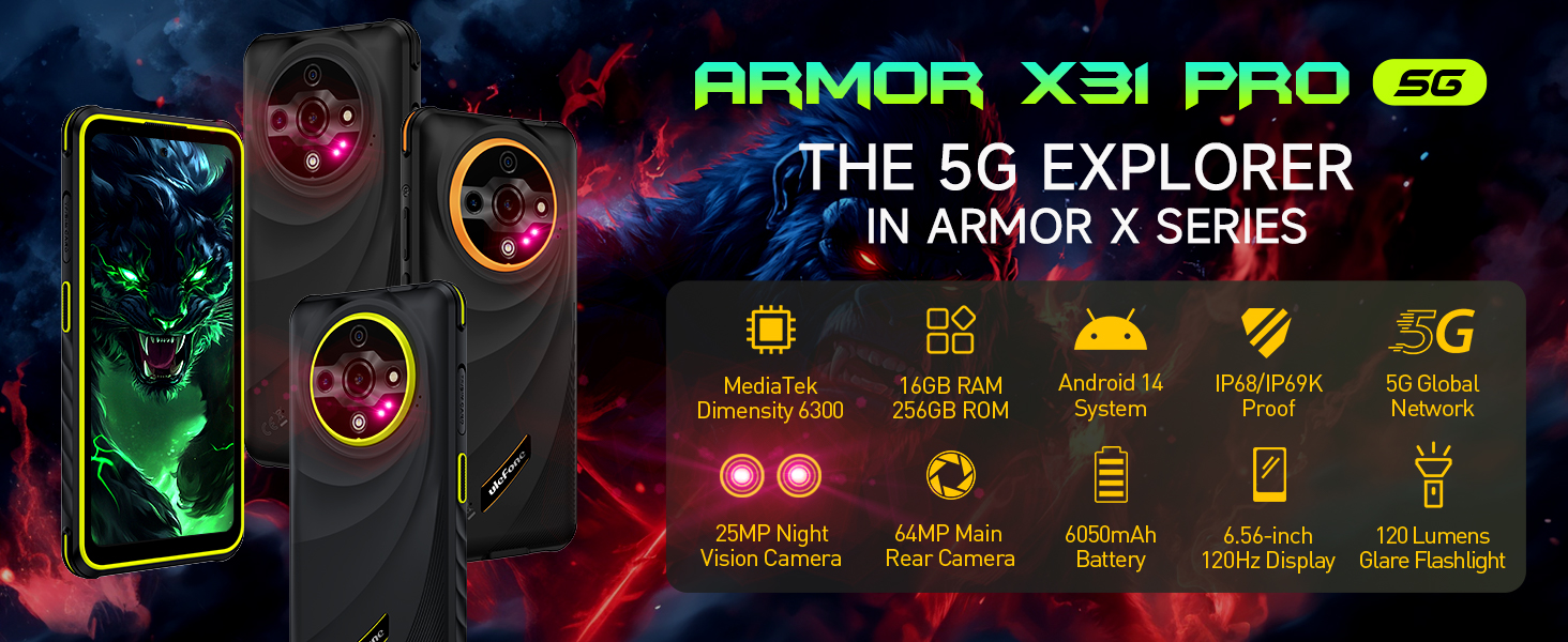 Ulefone Armor X31 Pro Movil Resistente, 16GB+256GB/2TB Android 14 Móvil Rugerizado, 6050mAh, 64MP