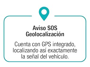 Interfaz de texto en español que muestra la función de geolocalización SOS con un icono de ubicación verde azulado, que describe la funcionalidad integrada de rastreo GPS