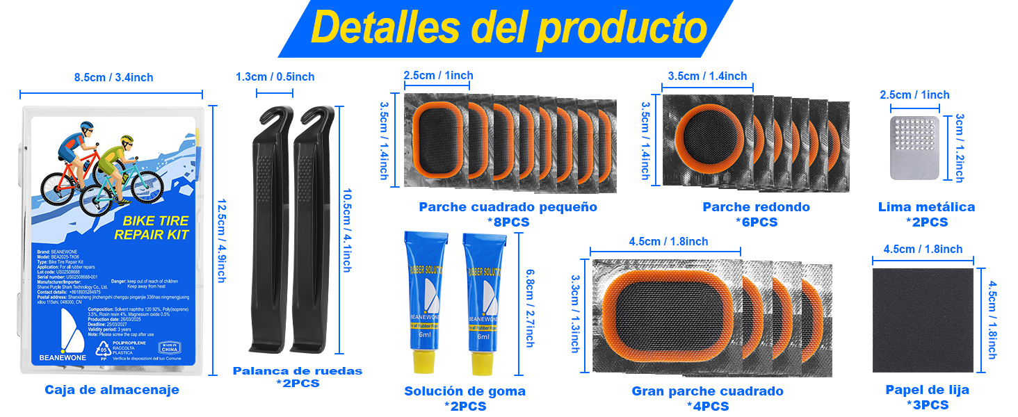 en español que muestra los componentes de un kit de accesorios para ciclismo, como manguitos, rodilleras y fundas para zapatos, con medidas y cantidades