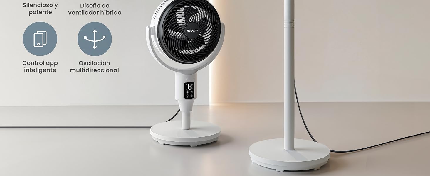Cámara de seguridad interior blanca con pantalla circular montada en un soporte delgado, que se muestra junto a los iconos de control.