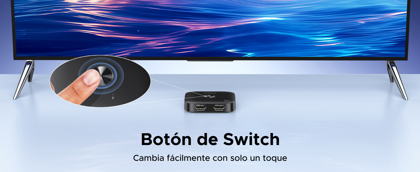 El componente de hardware del botón del interruptor se muestra debajo de una pantalla azul de TV o monitor, con la etiqueta «Botón de Switch».