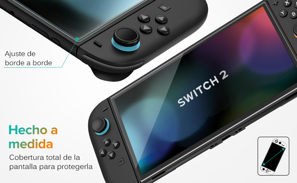 con mandos negros, pantalla colorida y texto que indica un protector de pantalla personalizado. Los controladores cuentan con varios botones