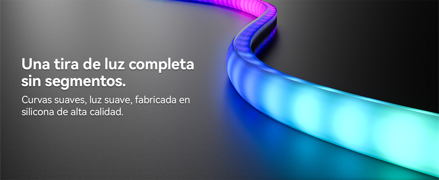 El texto dice «Una tira de luz completa sin segmentos». La tira de luz LED muestra varios colores, incluidos el azul y el morado, lo que demuestra un efecto de iluminación continuo.