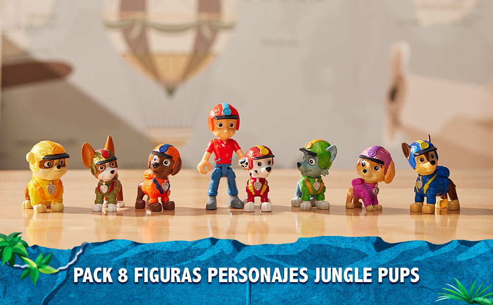 Pack figuras Jungle Pups, Marshall, Skye, Rubble, Tracker, Chase Paw Patrol, Patrulla Canina