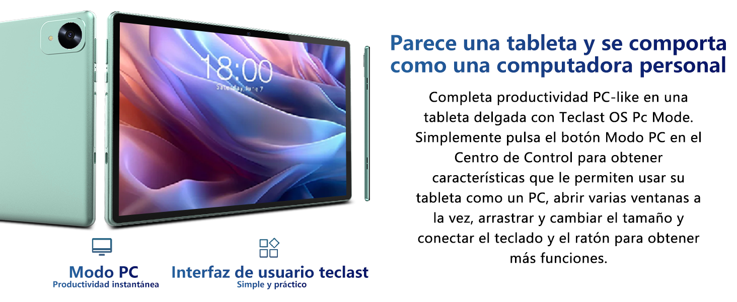 Tableta delgada con pantalla grande que muestra fondos de pantalla coloridos. Parte posterior de color verde menta visible. El texto describe la funcionalidad entre tableta y PC, mencionando el botón del modo PC y la conectividad entre el teclado y el ratón