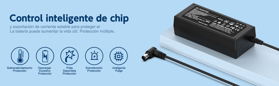 Adaptador de corriente rectangular negro con cable. El texto y los iconos indican un control inteligente por chip con funciones como la protección contra sobrecalentamiento y la prevención de cortocircuitos.
