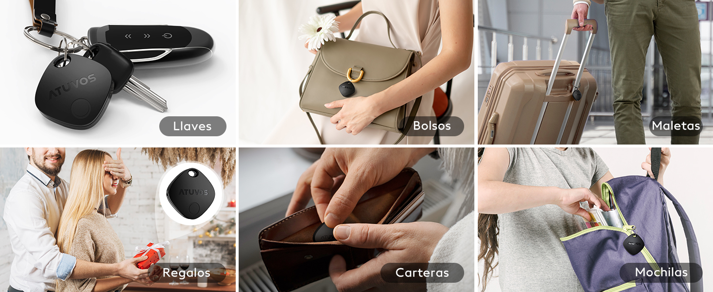 de seis imágenes que muestran diversos usos de dispositivos y accesorios electrónicos pequeños y portátiles, como auriculares, bolsos y carteras. Cada imagen está etiquetada con una