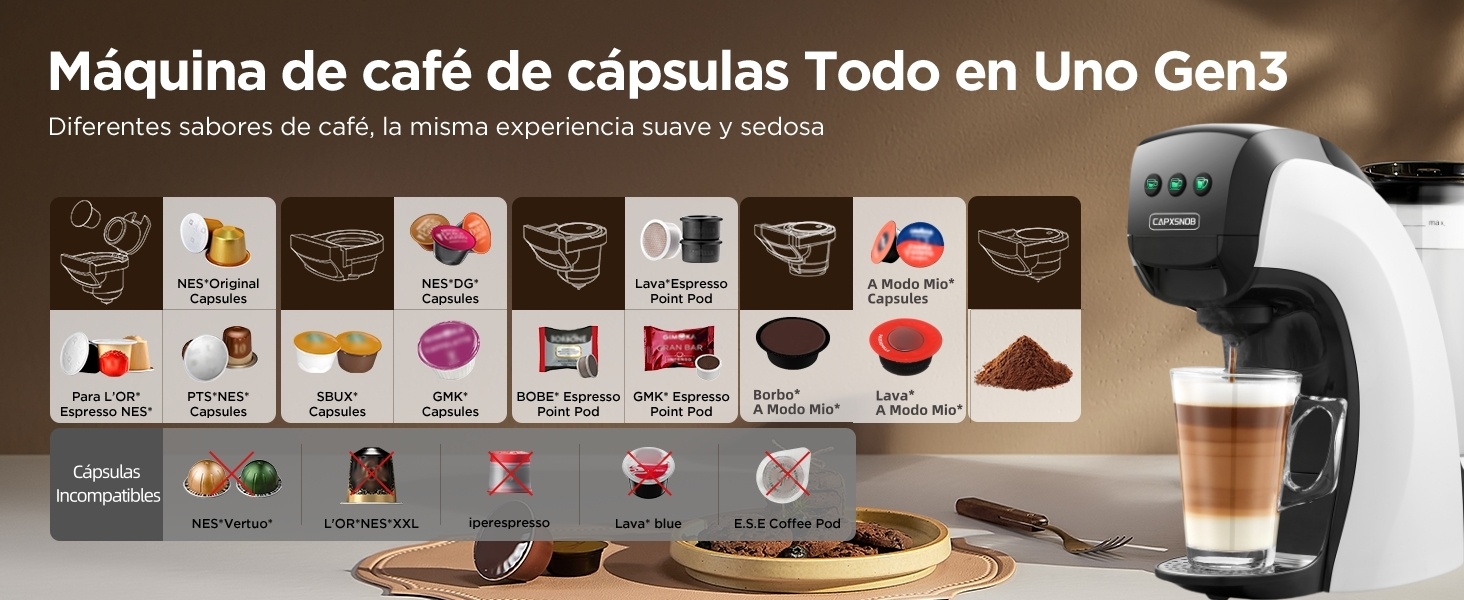 Cafetera cápsulas Todo en Uno Gen3 Compatible Nespresso, Docle Gusto, Lavazza A Modo Mio, FAP Point