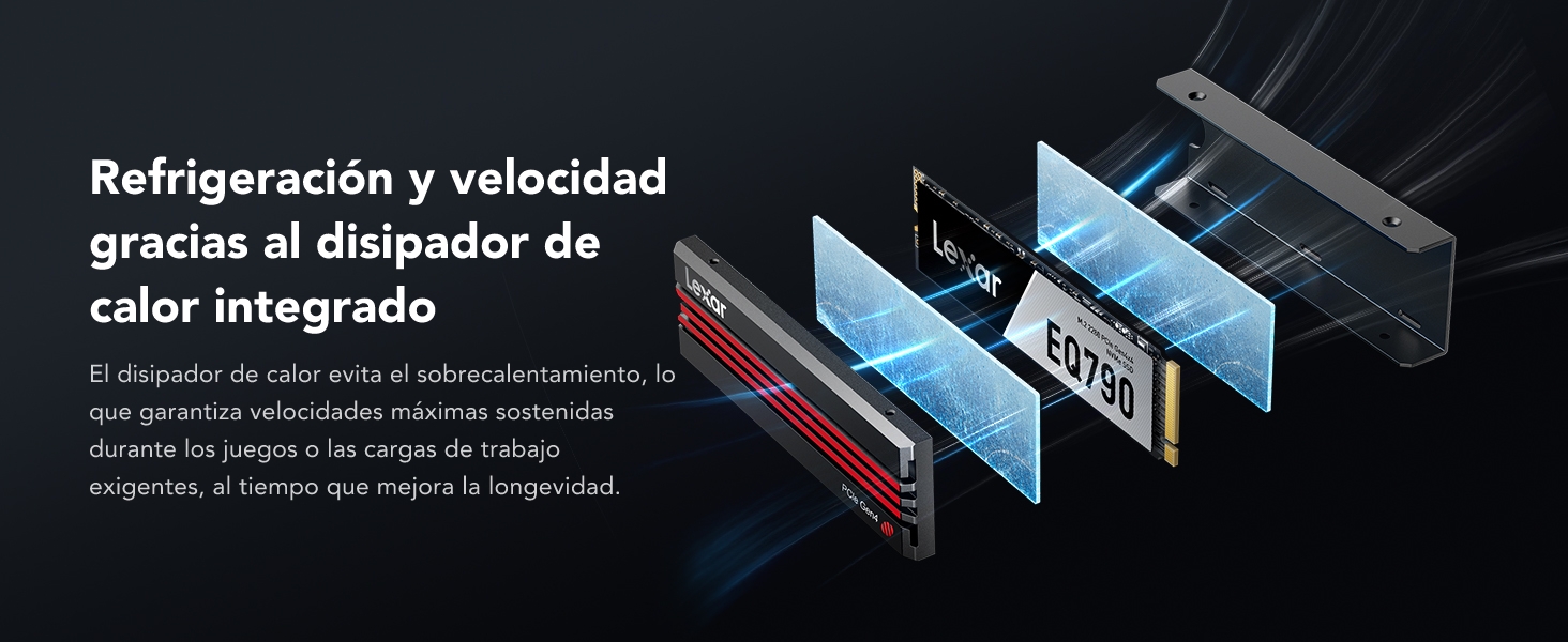 El texto dice «Refrigeración y velocidad gráfica al selector de pantalla grande». Diagrama técnico que muestra los componentes de la pantalla de visualización en capas con elementos azules y rojos sobre un fondo negro.