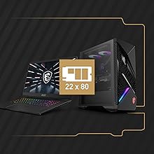 Configuración para juegos que muestra un monitor que muestra el texto «22 x 80», junto con una carcasa negra tipo torre para PC con iluminación RGB y un portátil para juegos.