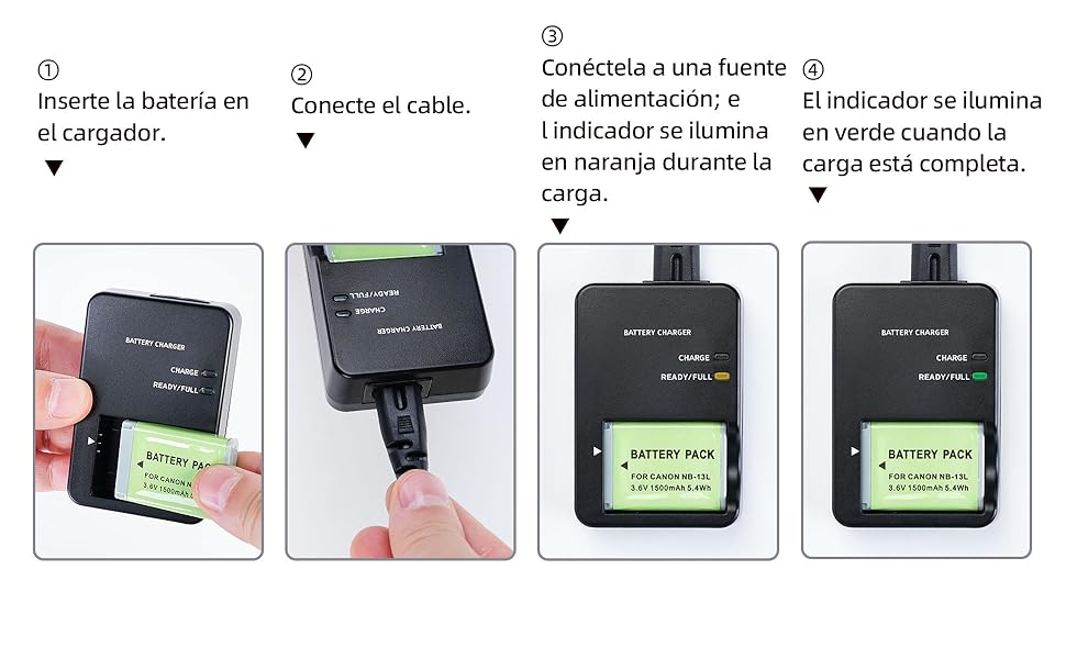 Guía de instrucciones de cuatro paneles para un cargador de baterías. Muestra la inserción de la batería, el cable de conexión, el enchufe y las luces indicadoras del estado de carga
