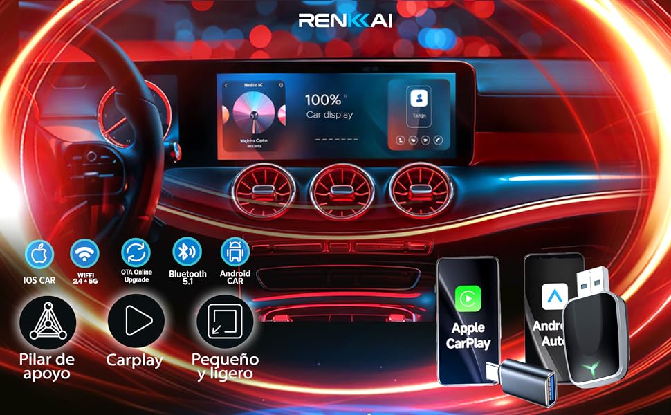 El texto dice «RENXAI». La interfaz del salpicadero del coche con iluminación ambiental roja muestra los iconos de control y es compatible con CarPlay.