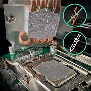 Procesador de computadora con pasta térmica en proceso de aplicación. Disipador de calor de cobre en la parte superior con pasta blanca. Placa de circuito visible. Los iconos no muestran electricidad ni símbolos de jeringas.