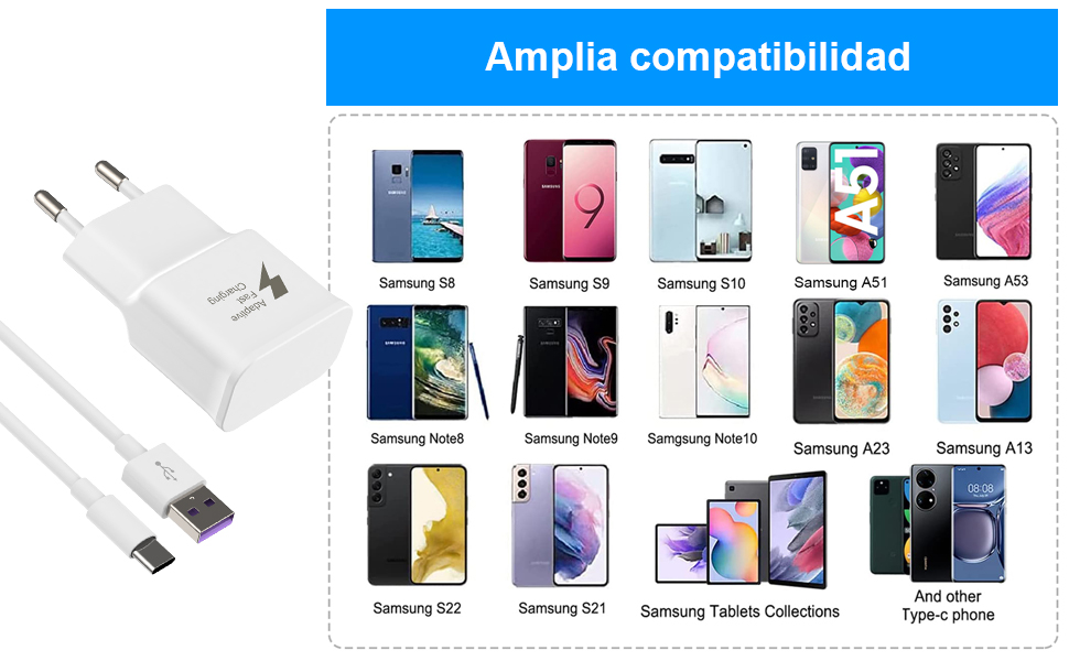 blancos, con varios modelos de teléfonos inteligentes y tabletas Samsung que se muestran a continuación, lo que indica una amplia compatibilidad de dispositivos.