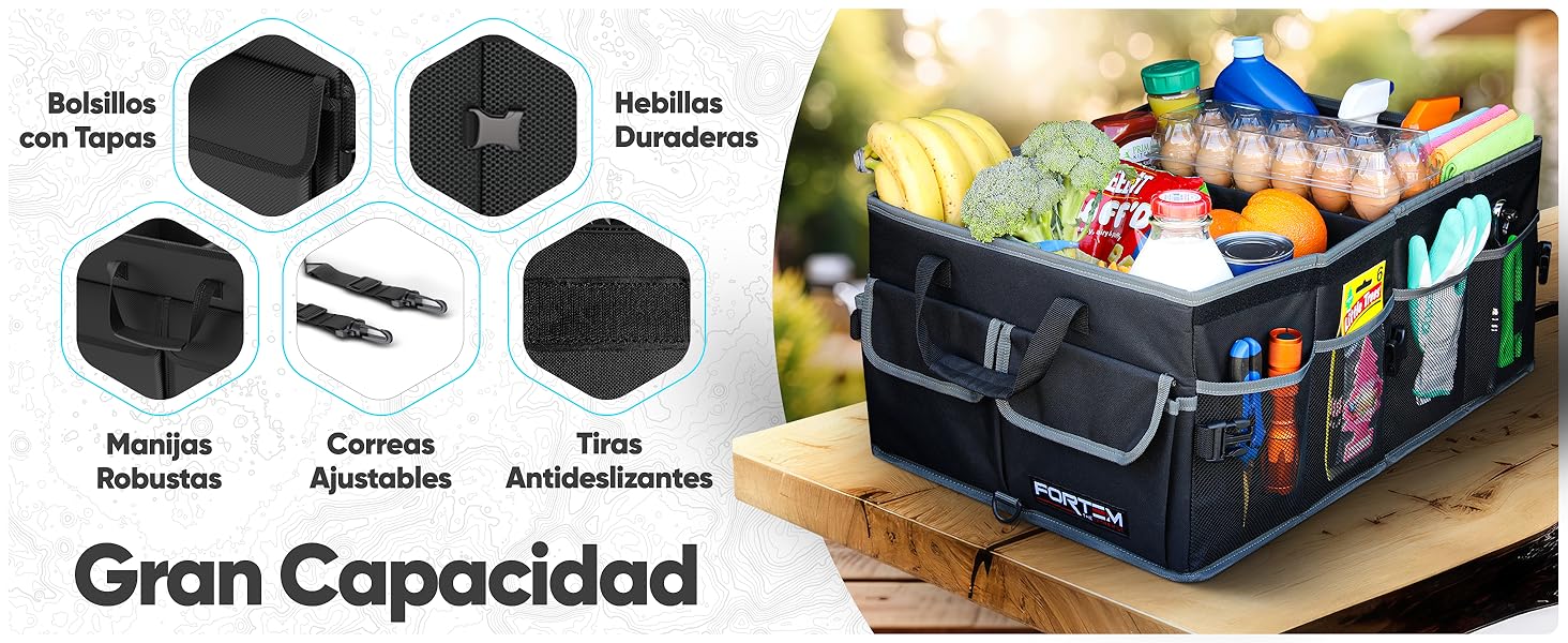 Organizador de baúl lleno de artículos, asas resistentes, base antideslizante, correas ajustables