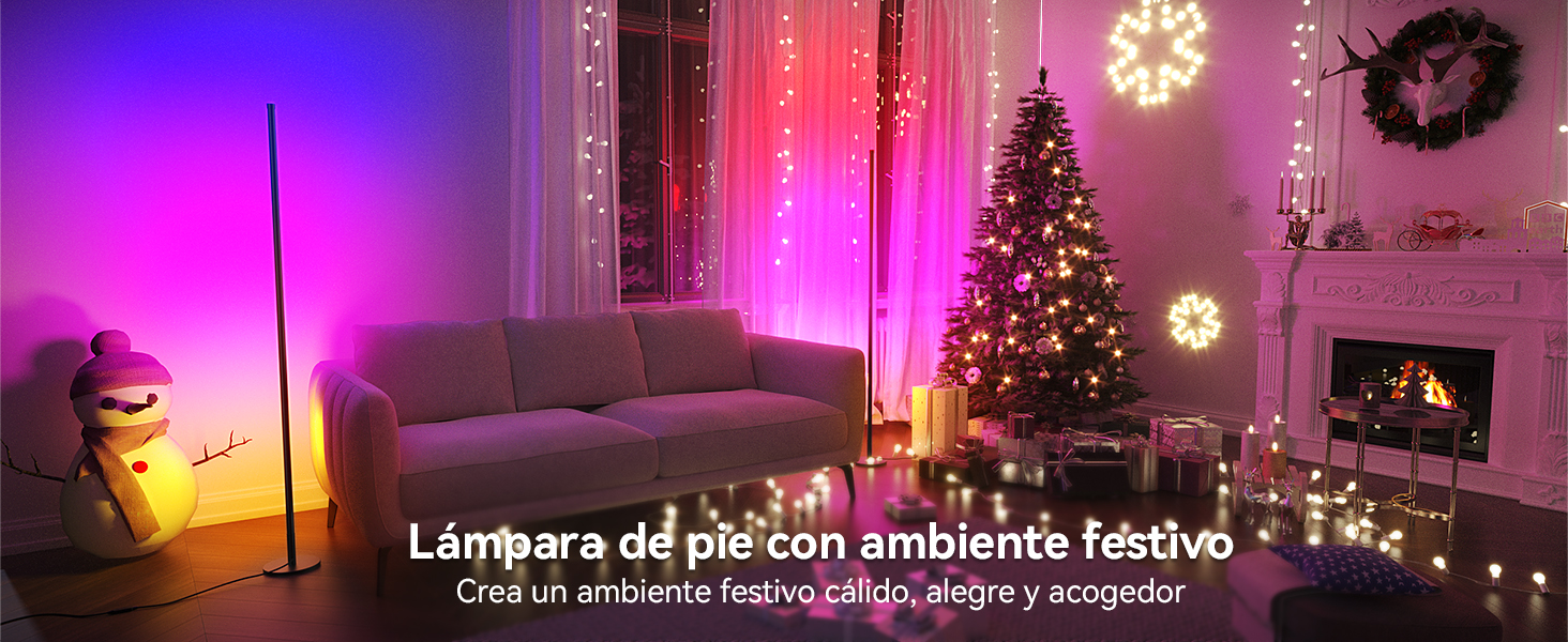 El texto dice «Lámpara de pie con ambiente festival». Escenas de sala de estar con adornos navideños e iluminación ambiental, que muestran efectos de iluminación ambiental morados y rosados.